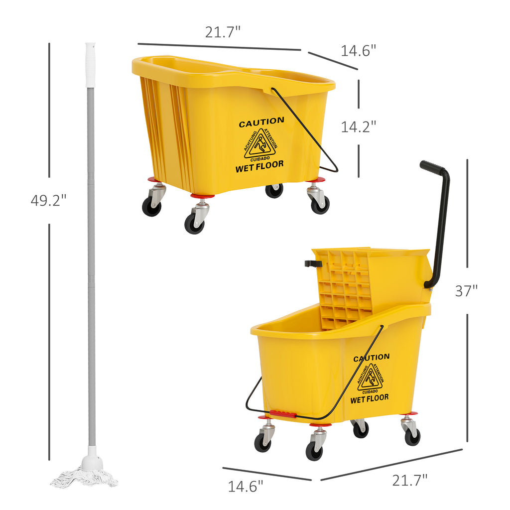 Mop Bucket With Wringer On Wheels For Floor Cleaning, 38 Quart Down Press Wringer With Handle, Yellow