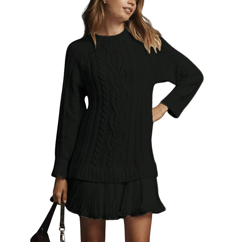 Women's Solid Color Cable Knit Sweater With Lace Hem, Round Neck Long Sleeve Top For Autumn And Winter