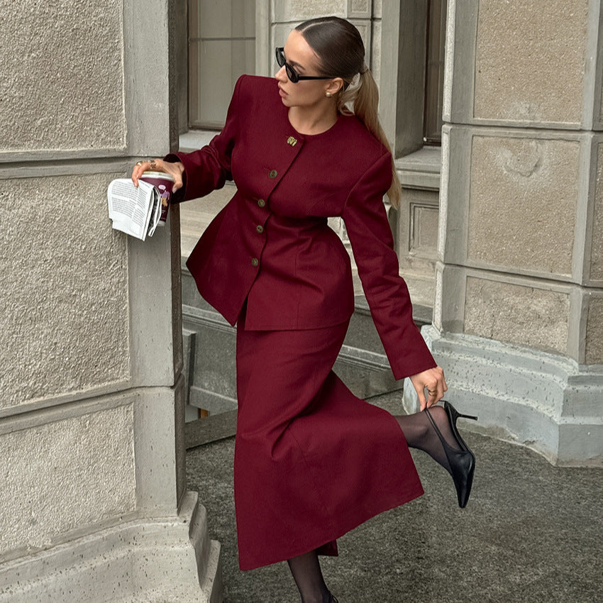 Round-neck Long-sleeved Jacket With Slit Skirt Women's Fashion Casual Two-piece Set
