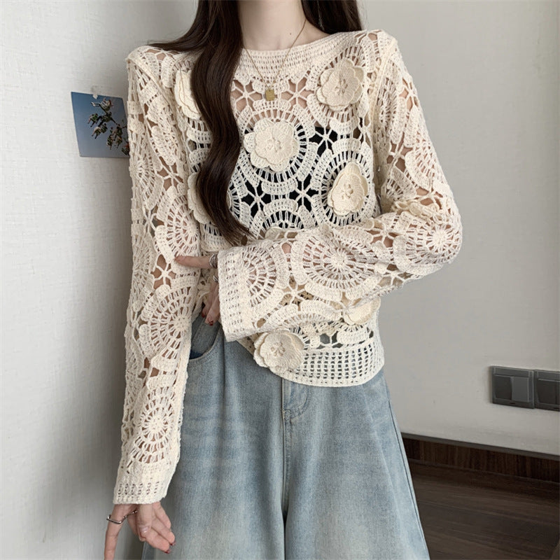 Women's 3D Crochet Lace Blouse Embroidered See-Through Knit Top With Round Neck Long Sleeves