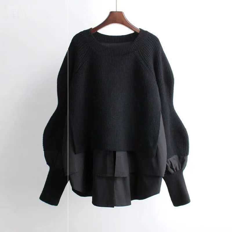 Europe Station Autumn And Winter Women Sweater Splicing Shirt Fake Two-piece Set Of Women Foreign Style Knitted Top Fashion Wholesale