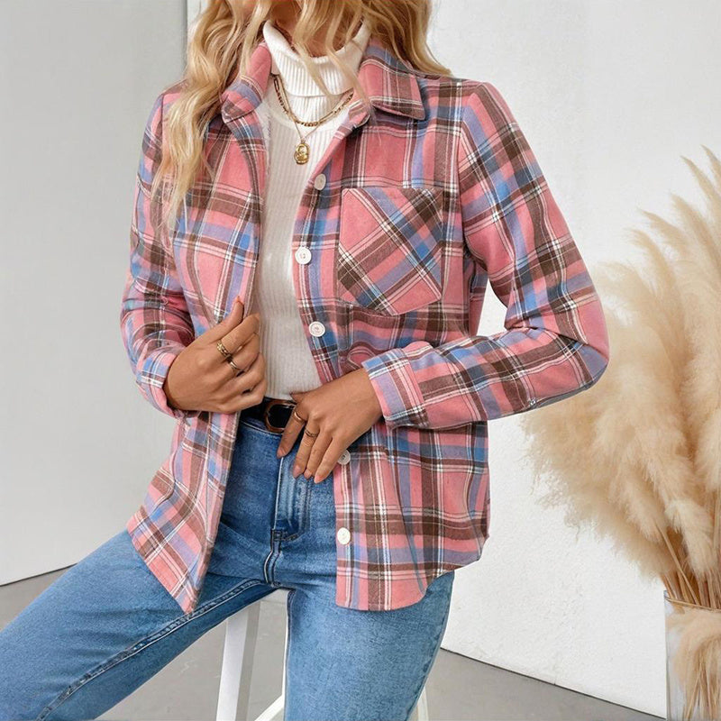 Women's Checkered Fleece Lined Shacket, Plaid Button Down Shirt Jacket With Chest Pockets, Fall Winter Outerwear Coat