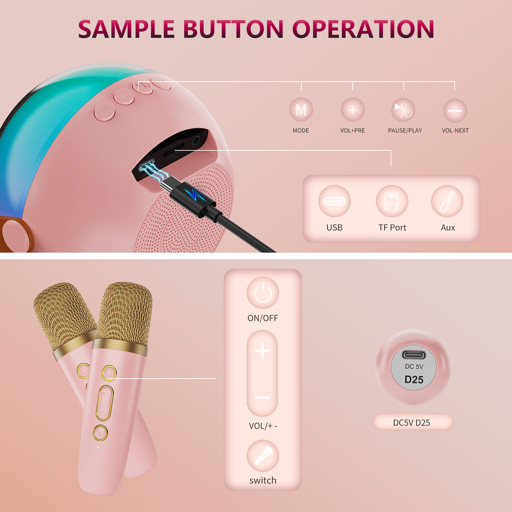 D25 Mini Karaoke Machine With Dazzling Lights And Wireless Microphones