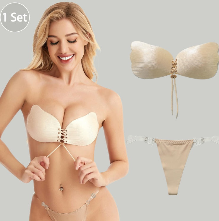 Viomisha 1 Set Women Sticky Bra And Thong Briefs Backless Strapless Bra Push Up Breathable Underwear Adhesive Invisible Lift Up Bras.