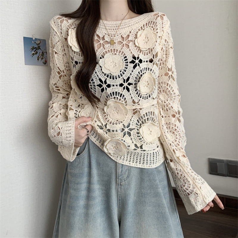 Women's 3D Crochet Lace Blouse Embroidered See-Through Knit Top With Round Neck Long Sleeves