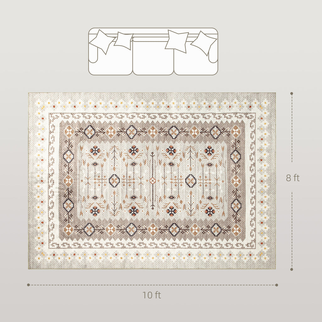 Machine Washable Area Rug 8x10, Non-Slip Boho Flannel Print Floor Carpet For Living Room, Bedroom, Dining Room, Brown