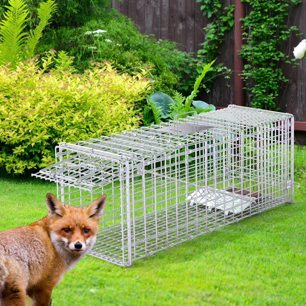 1Pc Live Animal Trap Cage 37x14x15in Folding Catch And Release Humane Cat Trap Galvanized Iron For Raccoons Foxes Coyotes Stray Dogs Armadillos Squirrels