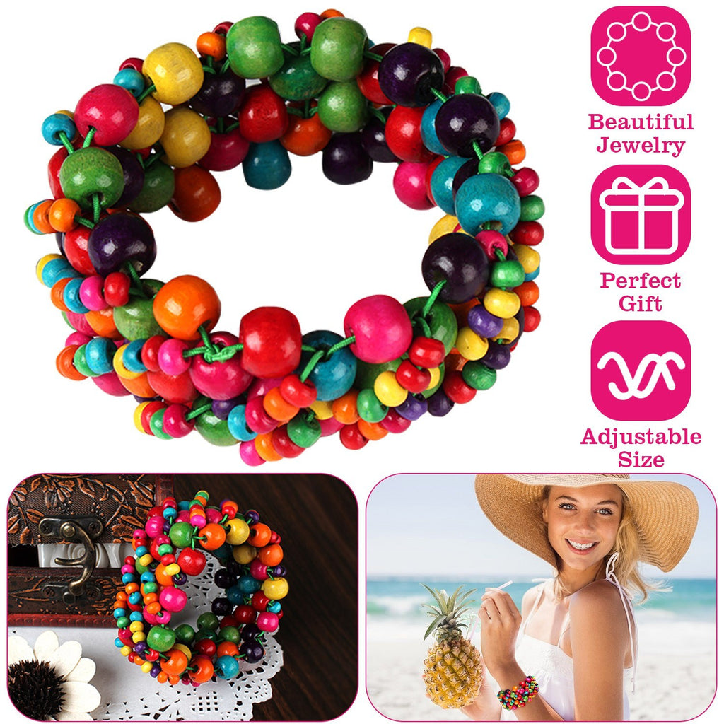 1Pc Multi-Color Wooden Beaded Stretchy Bracelet Colorful Exotic Style Elastic Bracelets For Women Girls Children