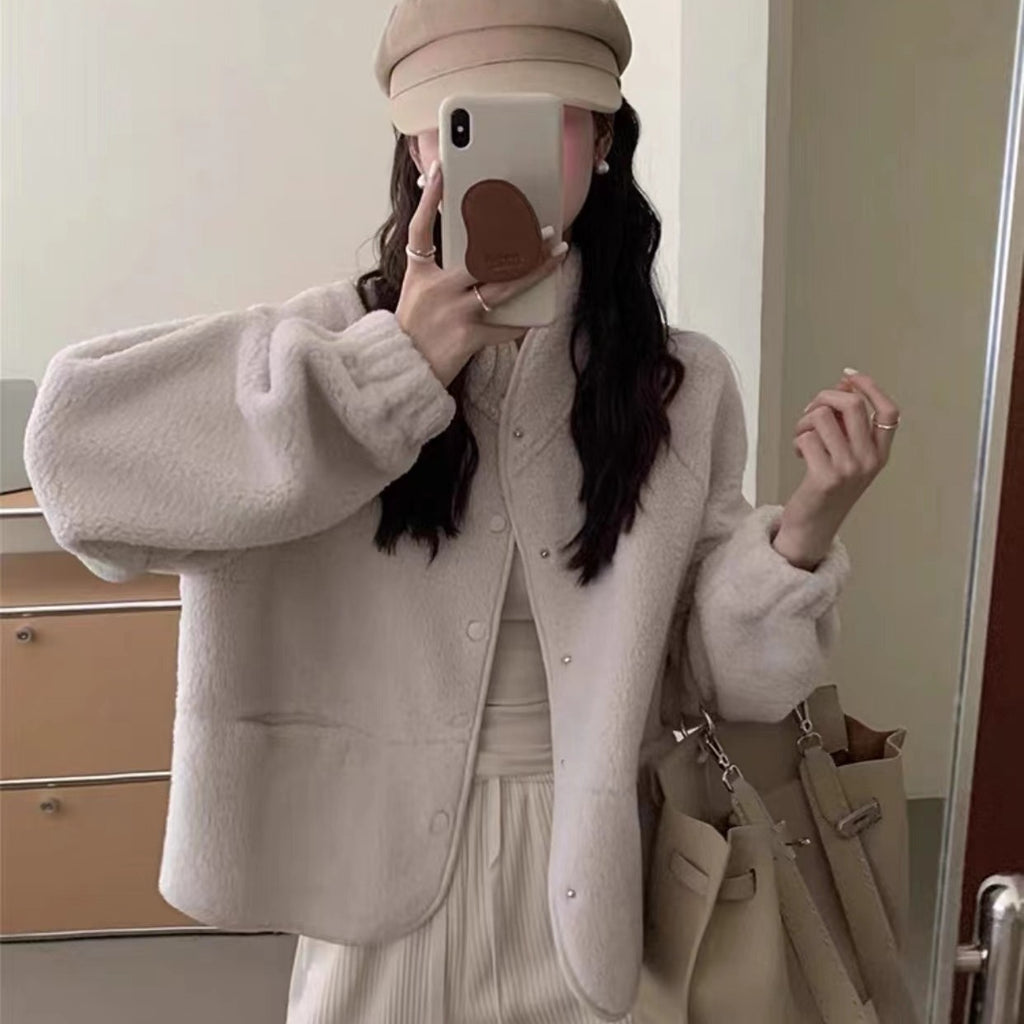 Women's Solid Color Versatile Short Lamb Fleece Jacket