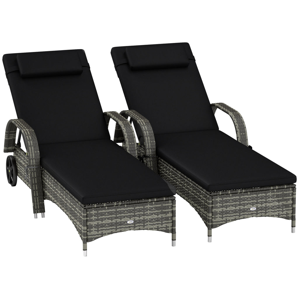 2 Reclining Chaise Lounge Chairs, Rolling Outdoor Chairs With Cushion, Pillow, Headrest, Armrests, And Wheels, Black
