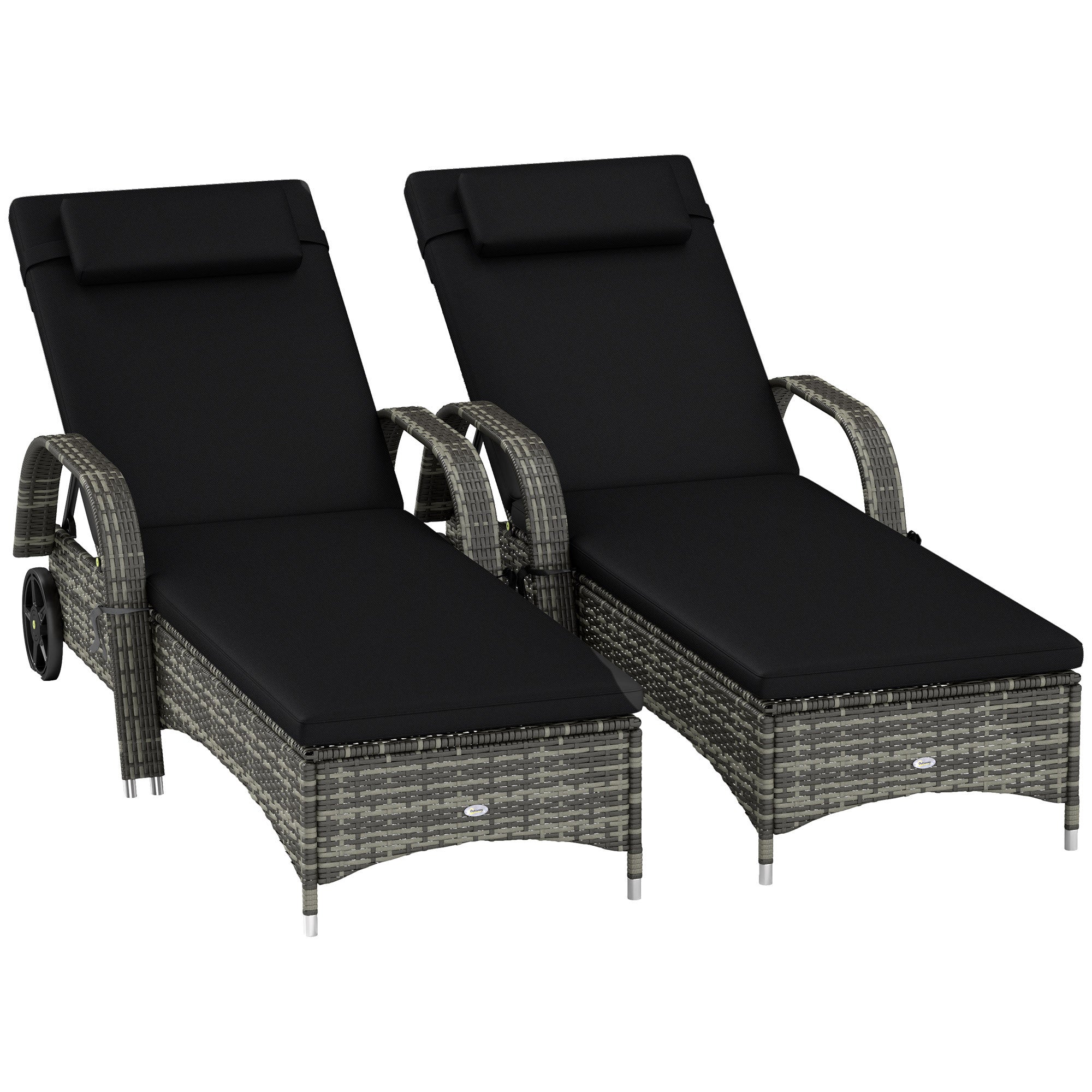 2 Reclining Chaise Lounge Chairs, Rolling Outdoor Chairs With Cushion, Pillow, Headrest, Armrests, And Wheels, Black