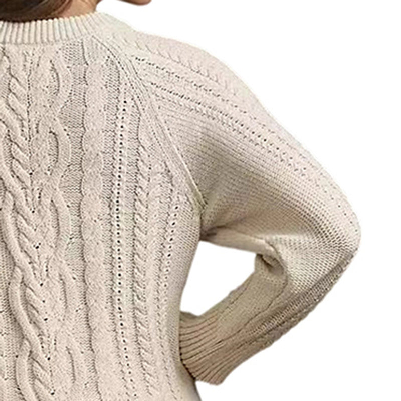 Women's Solid Color Cable Knit Sweater With Lace Hem, Round Neck Long Sleeve Top For Autumn And Winter