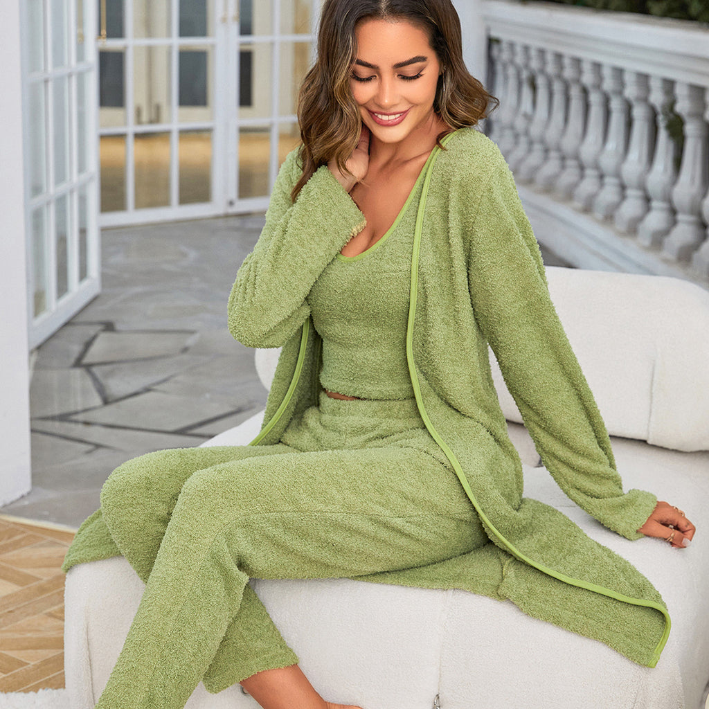 Women's Fuzzy 3 Piece Sweatsuit Open Front Cardigan Crop Tank Tops Wide Legs Pants Lounge Sets