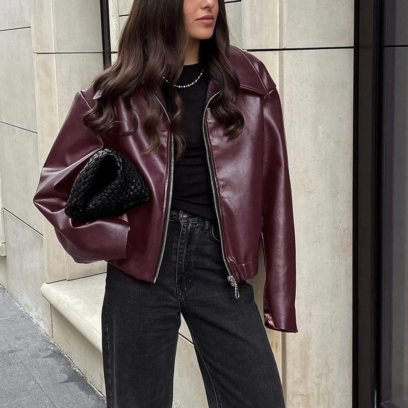 Vintage Style Women's Solid Color Faux Leather Jacket, Zip-Up Biker Jacket With Lapel Collar Casual Coat
