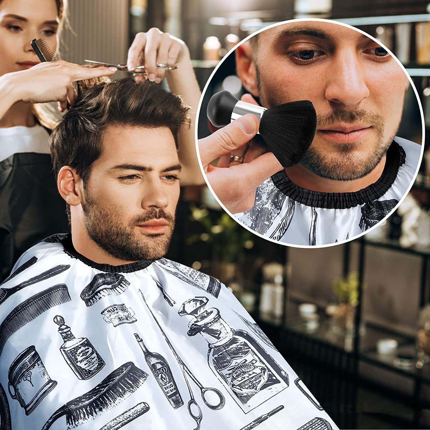 White Floral Print Professional Hair Cutting Salon Barber Cape With Neck Duster Brush, Hair Cutting Accessory