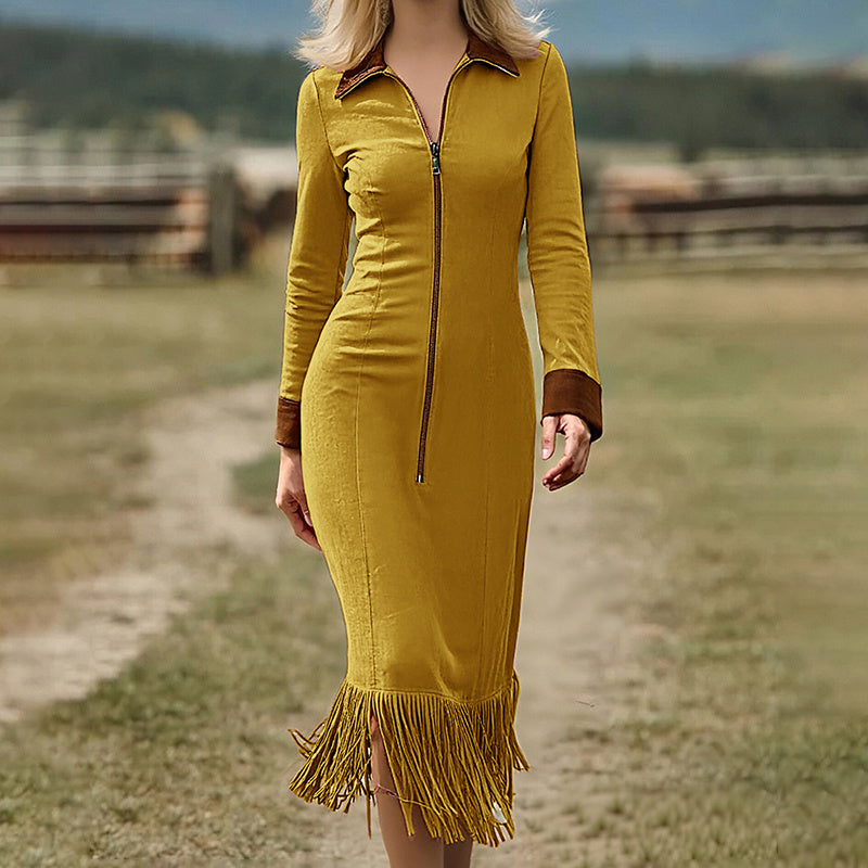 Women's Lapel Collar Maxi Dress With Fringe Hem, Contrast Trim Half-Zip Bodycon Long Dress For Spring And Fall