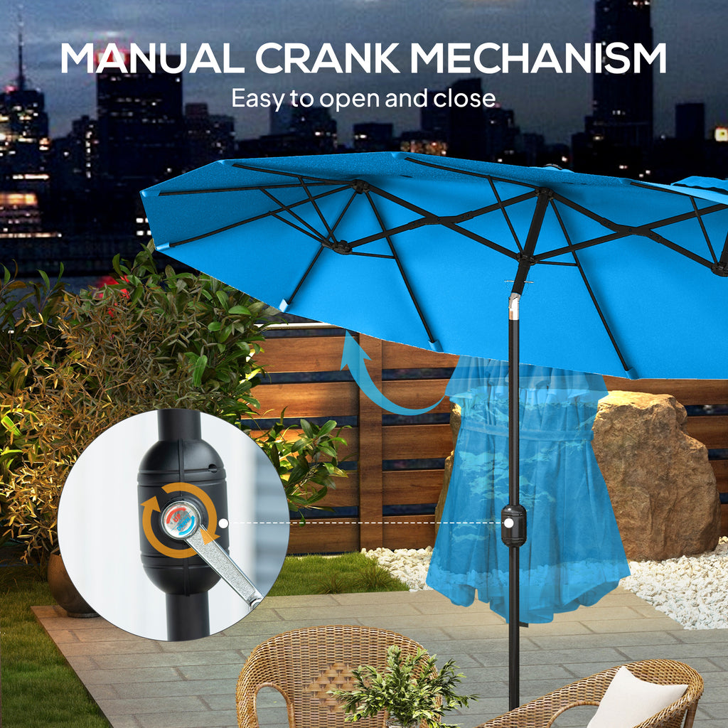 Double-sided Patio Umbrella, 9.5 Outdoor Umbrella With Push Button Tilt And Crank, 3 Air Vents And 12 Ribs, Cyan Blue