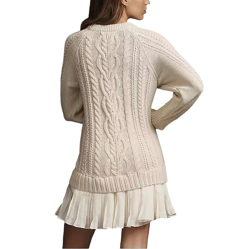 Women's Solid Color Cable Knit Sweater With Lace Hem, Round Neck Long Sleeve Top For Autumn And Winter