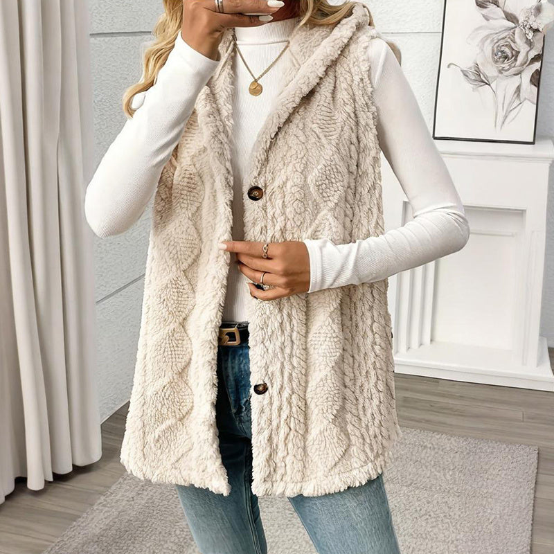 Women's Textured Sleeveless Hooded Vest, Button-Front Layering Piece For Fall & Winter Outfits