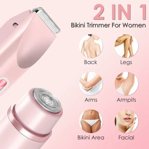 2 In 1 Bikini Trimmer For Women Dual Head Cordless Body Shaver IPX7 Waterproof Rechargeable Pubic Hair Razor Wet And Dry Use For Bikini Underarm Leg Arm Body Face