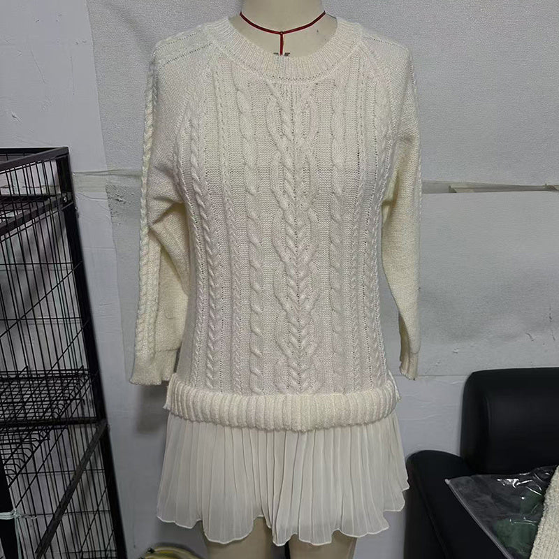 Women's Solid Color Cable Knit Sweater With Lace Hem, Round Neck Long Sleeve Top For Autumn And Winter