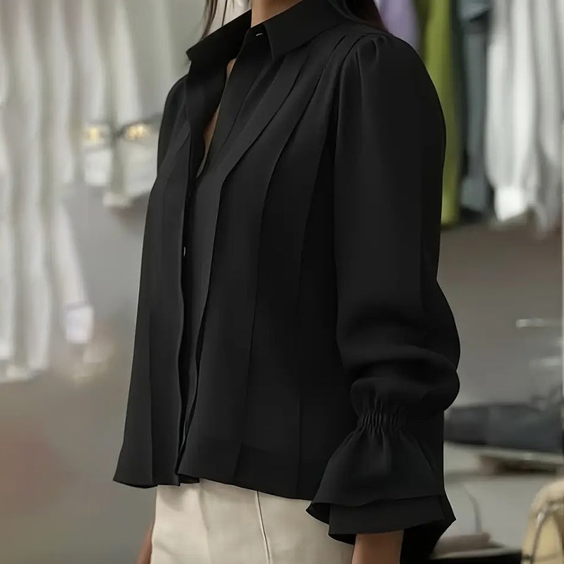 Women's Loose Ruffle Flare Sleeve Blouse, Notch Lapel Button-Down Shirt For Spring And Fall Office Wear