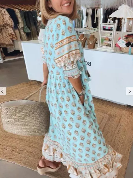 Summer Bohemian Print Lantern-Sleeved Dress Fashion Loose V-Neck Ruffle Long Dress Beach Clothing For Women