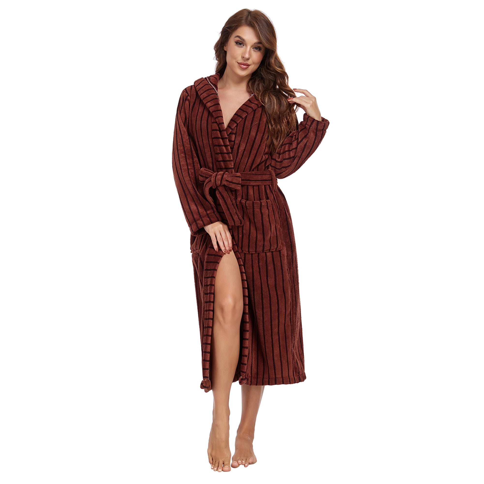 RONGTAI Luxury Plush Absorbency Robe For Women Extra Long Fleece Bathrobe With Hood & Pockets Warm Terry Cloth Loungewear