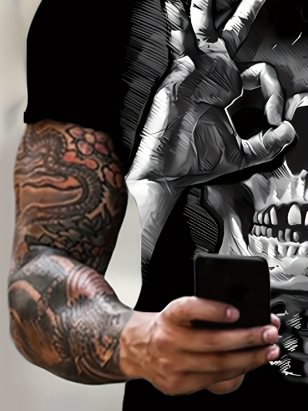 Creative Skull Print T-shirt, Men's Casual Street Style Elastic Round Neck T-shirt, Suitable For Summer