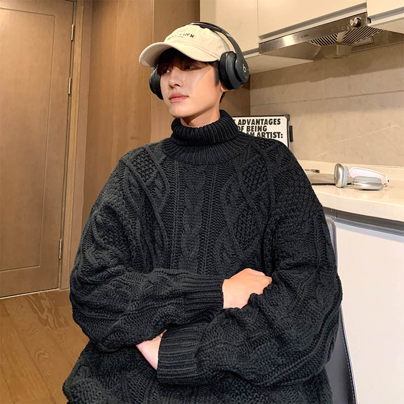 Japanese-style Retro Green Jacquard Turtleneck Sweater