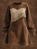 Contrast-color Patchwork Faux Suede Tassel Crew-neck Mini Dress