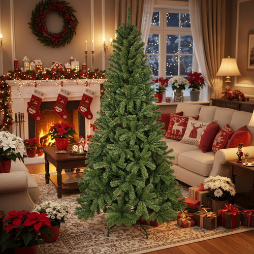 7FT Christmas Tree With 774 PVC Tips Hinged Metal Stand Natural Green Artificial Plant Holiday Decor For Office Apartment Party Use