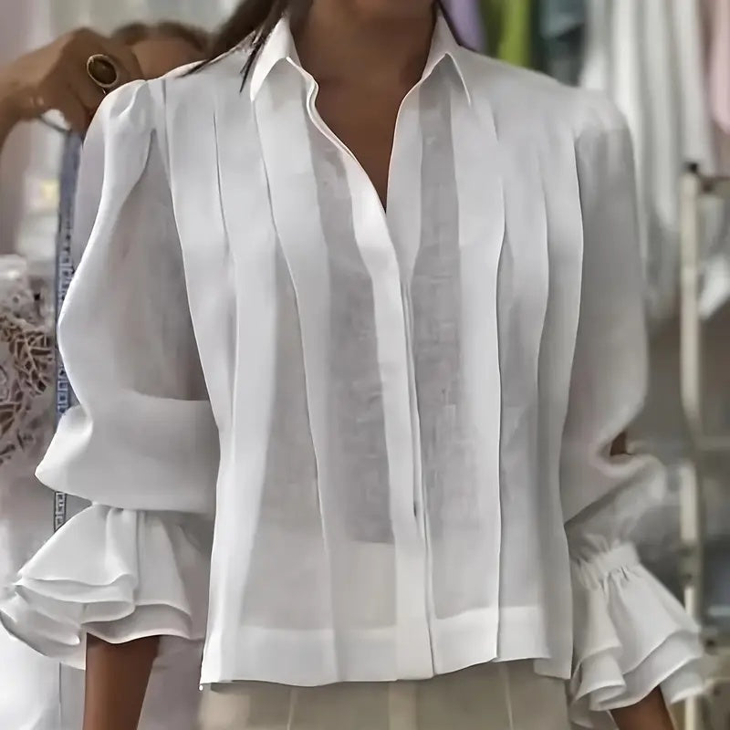 Women's Loose Ruffle Flare Sleeve Blouse, Notch Lapel Button-Down Shirt For Spring And Fall Office Wear