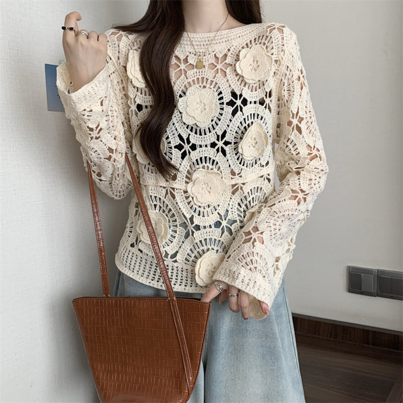 Women's 3D Crochet Lace Blouse Embroidered See-Through Knit Top With Round Neck Long Sleeves