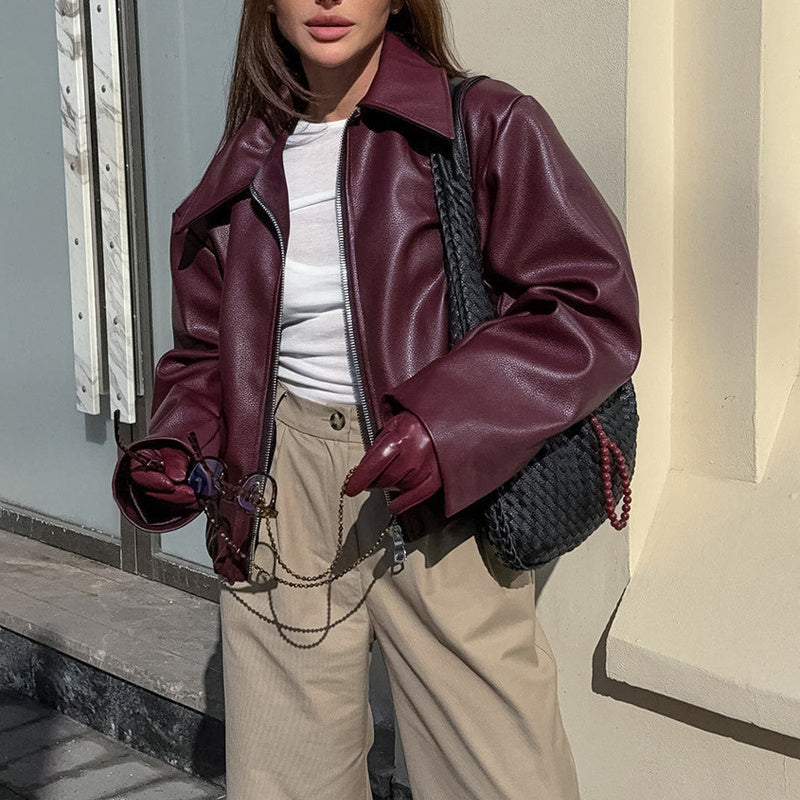 Vintage Style Women's Solid Color Faux Leather Jacket, Zip-Up Biker Jacket With Lapel Collar Casual Coat