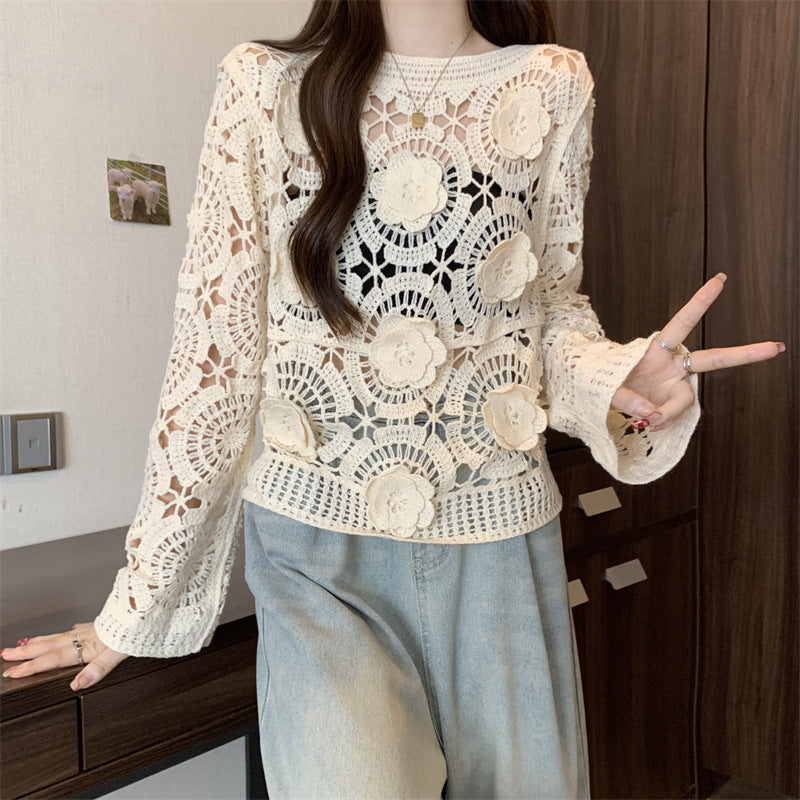 Women's 3D Crochet Lace Blouse Embroidered See-Through Knit Top With Round Neck Long Sleeves