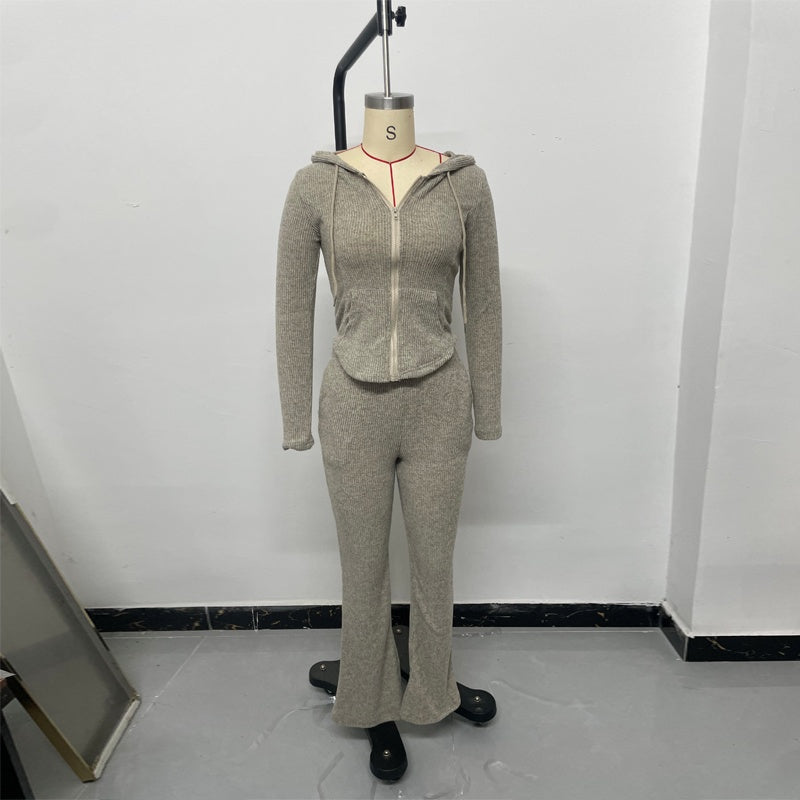 Women's Solid Color 2-Piece Set Hooded Belted Jacket With Pockets & Flare Leg Pant Suit For Spring And Fall