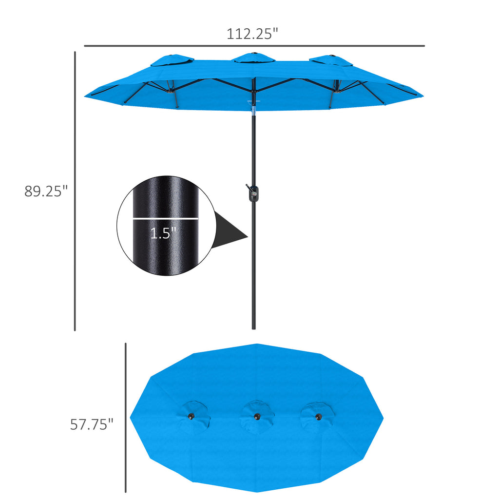 Double-sided Patio Umbrella, 9.5 Outdoor Umbrella With Push Button Tilt And Crank, 3 Air Vents And 12 Ribs, Cyan Blue