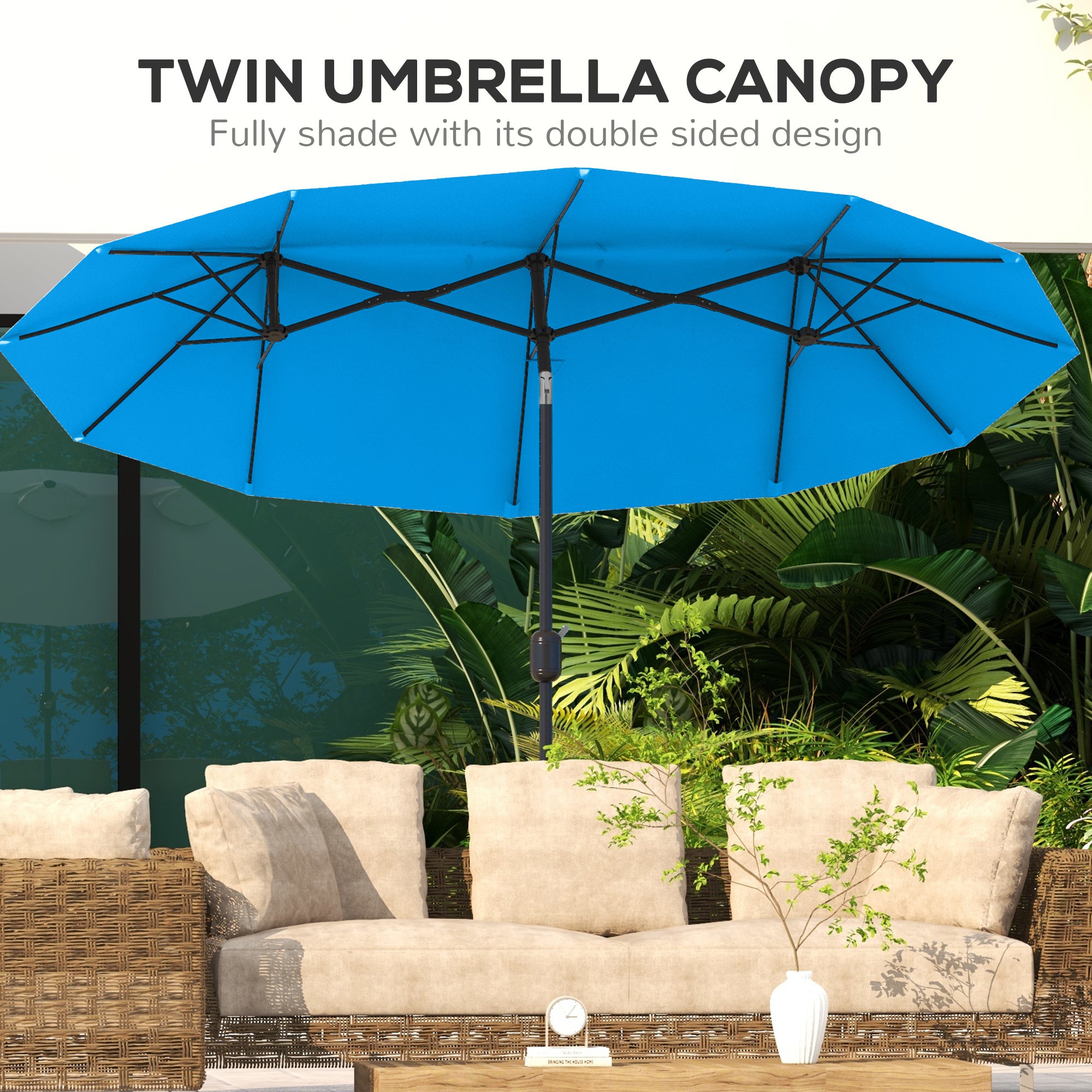 Double-sided Patio Umbrella, 9.5 Outdoor Umbrella With Push Button Tilt And Crank, 3 Air Vents And 12 Ribs, Cyan Blue
