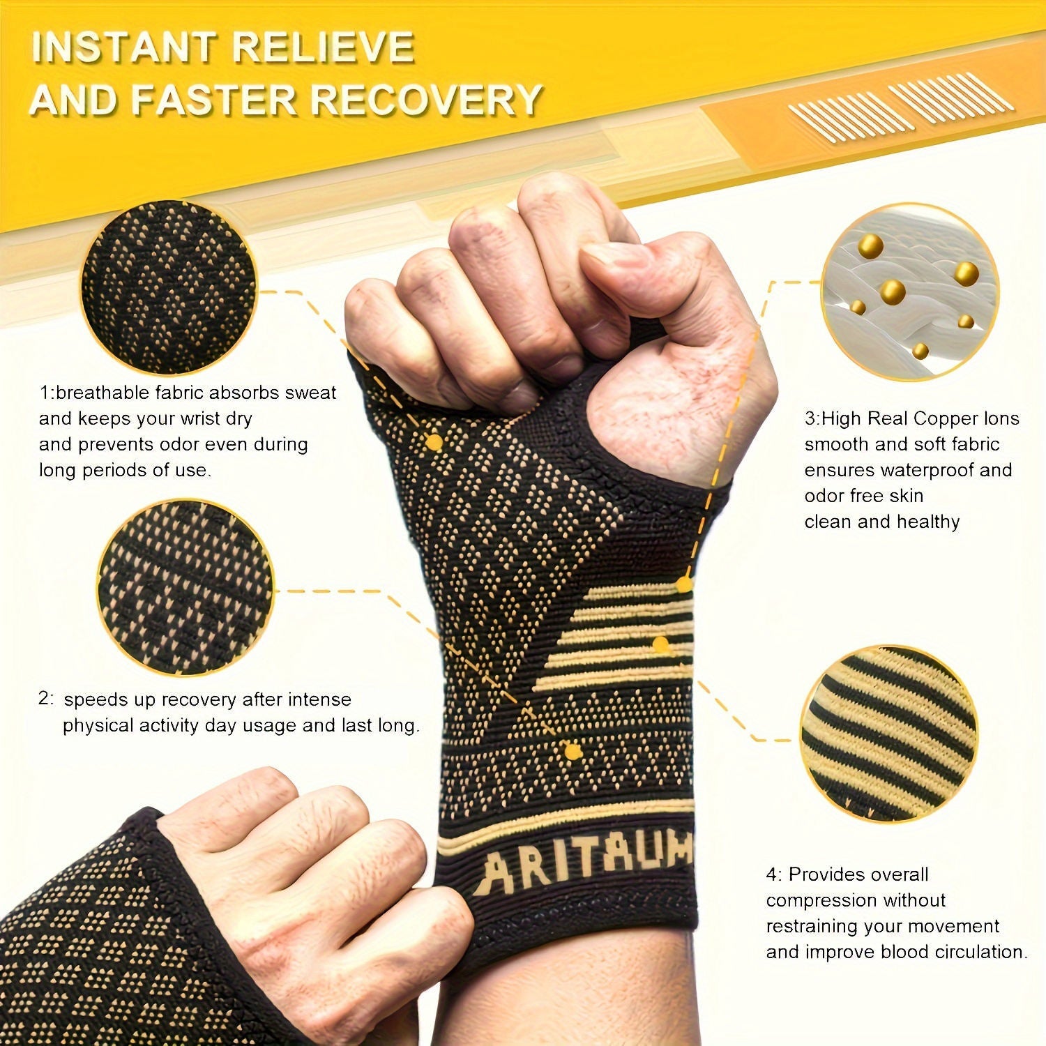 1 Pair Copper Wrist Compression Sleeves Support Brace Unisex For Sports Fitness Workouts Typing Breathable Hand Protection