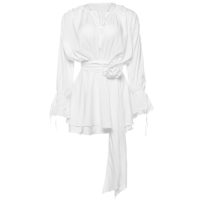 Women's Elegant Solid Color Tie-Neck Dress With Floral Applique, Smocked Sleeves & Tiered Ruffle Hem Boho Mini Dress For Spring Summer