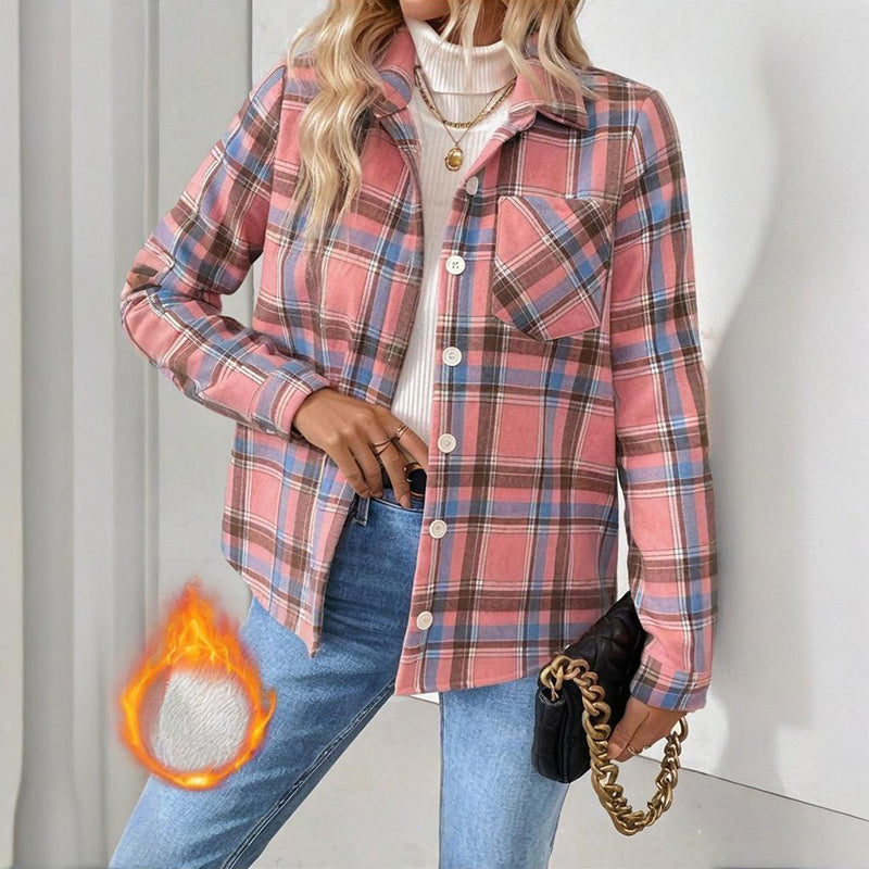 Women's Checkered Fleece Lined Shacket, Plaid Button Down Shirt Jacket With Chest Pockets, Fall Winter Outerwear Coat