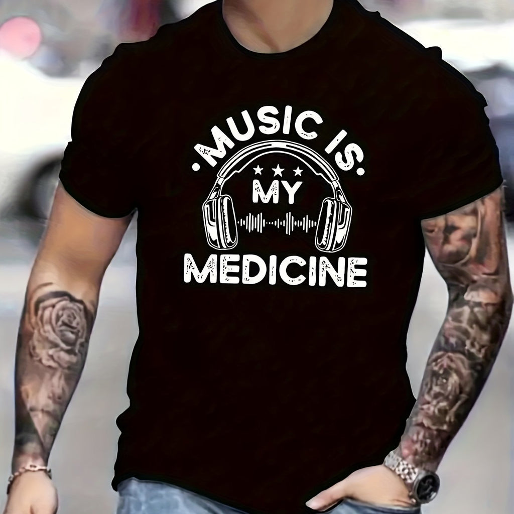 Music Is Good Medicine, Letter Printed Men's Short Sleeved Round Neck Plus Size T-shirt, Summer Fashionable Round Neck Short Sleeved Top