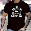 Music Is Good Medicine, Letter Printed Men's Short Sleeved Round Neck Plus Size T-shirt, Summer Fashionable Round Neck Short Sleeved Top