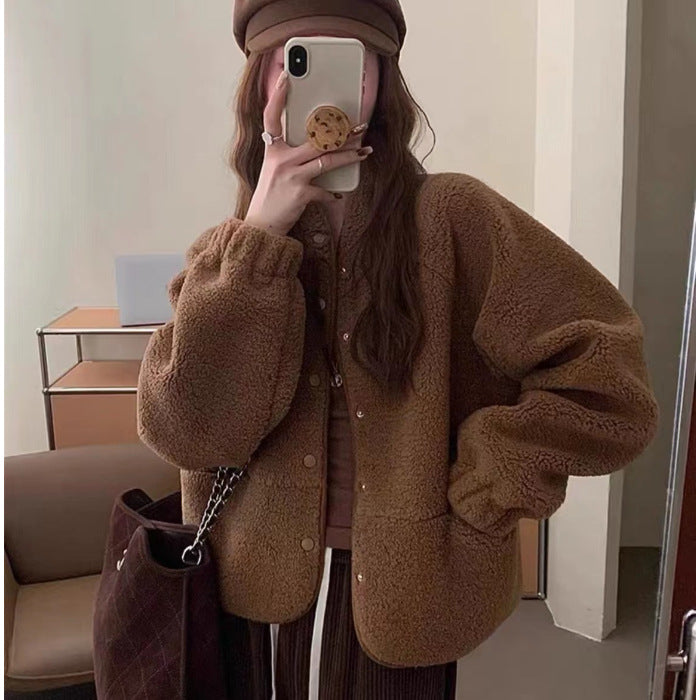 Women's Solid Color Versatile Short Lamb Fleece Jacket