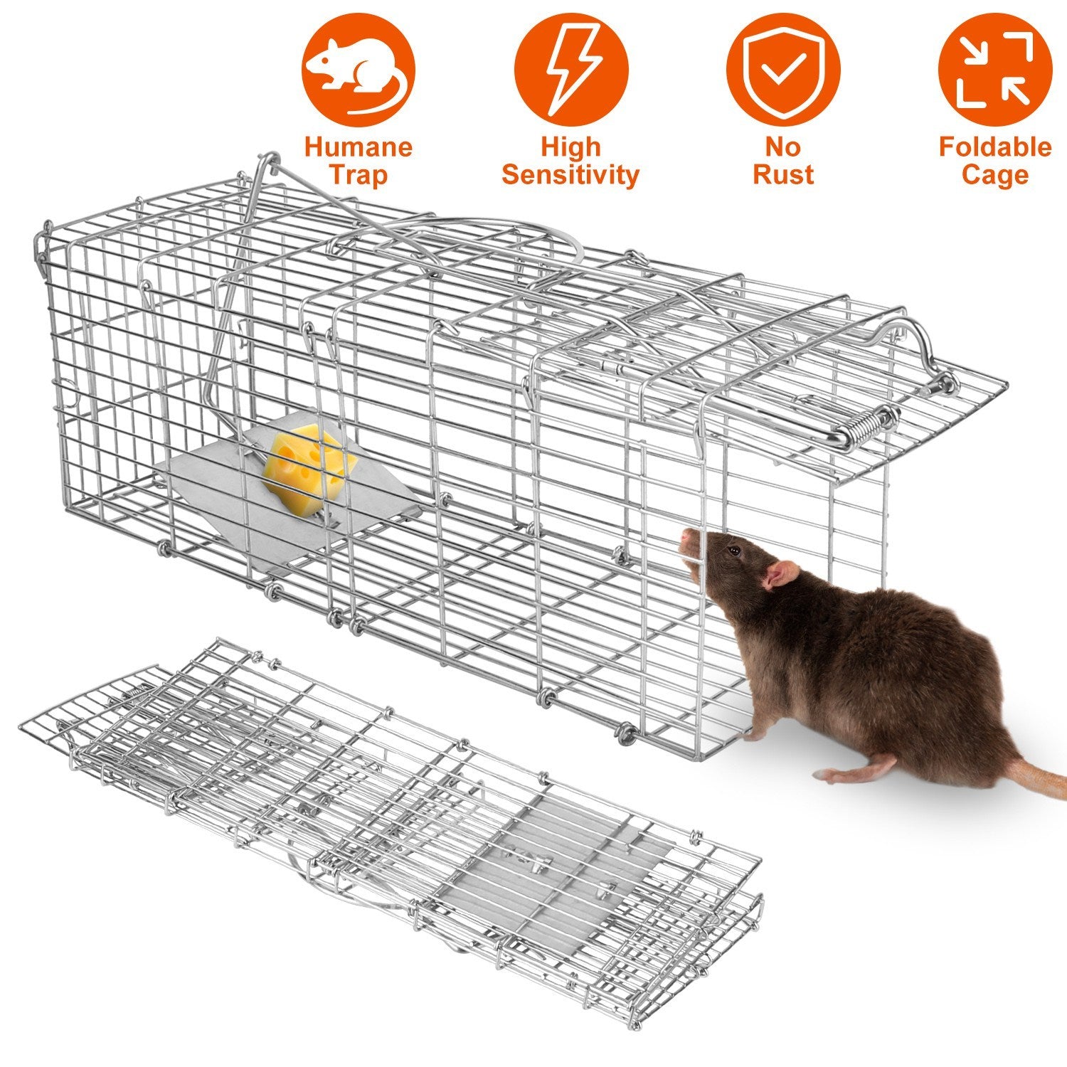 1Pc Foldable Rat Trap Cage Humane Live Rodent Trap Cage Galvanized Iron Mice Mouse Control Bait Catch With Detachable L Shaped Rod