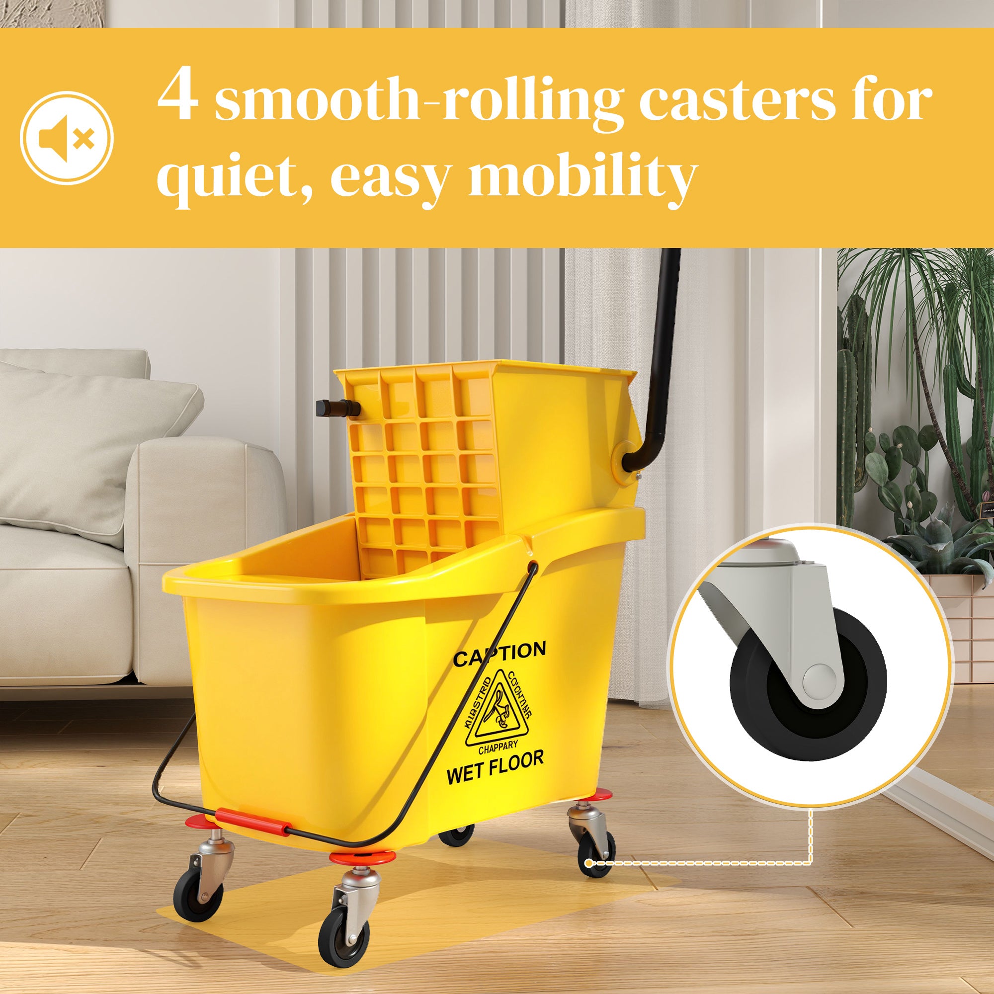 Mop Bucket With Wringer On Wheels For Floor Cleaning, 38 Quart Down Press Wringer With Handle, Yellow