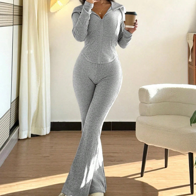 Women's Solid Color 2-Piece Set Hooded Belted Jacket With Pockets & Flare Leg Pant Suit For Spring And Fall