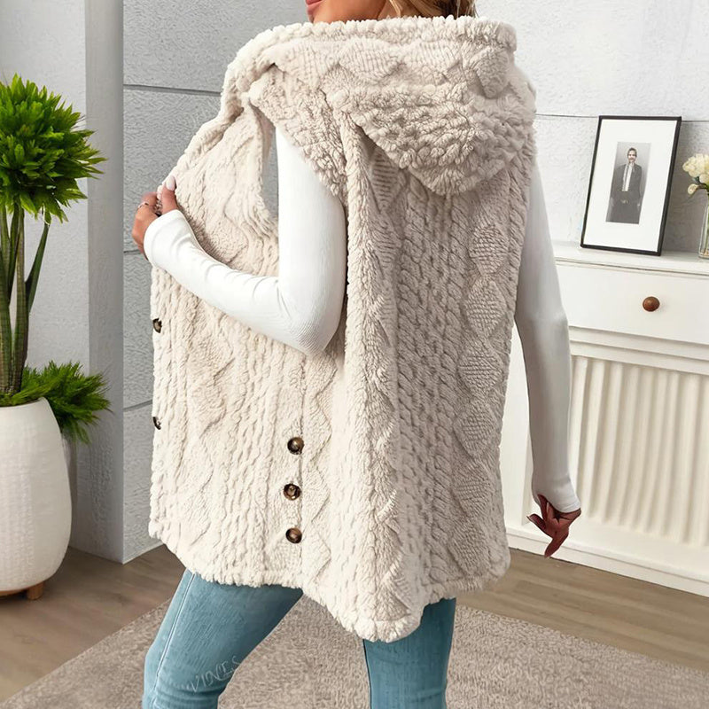 Women's Textured Sleeveless Hooded Vest, Button-Front Layering Piece For Fall & Winter Outfits