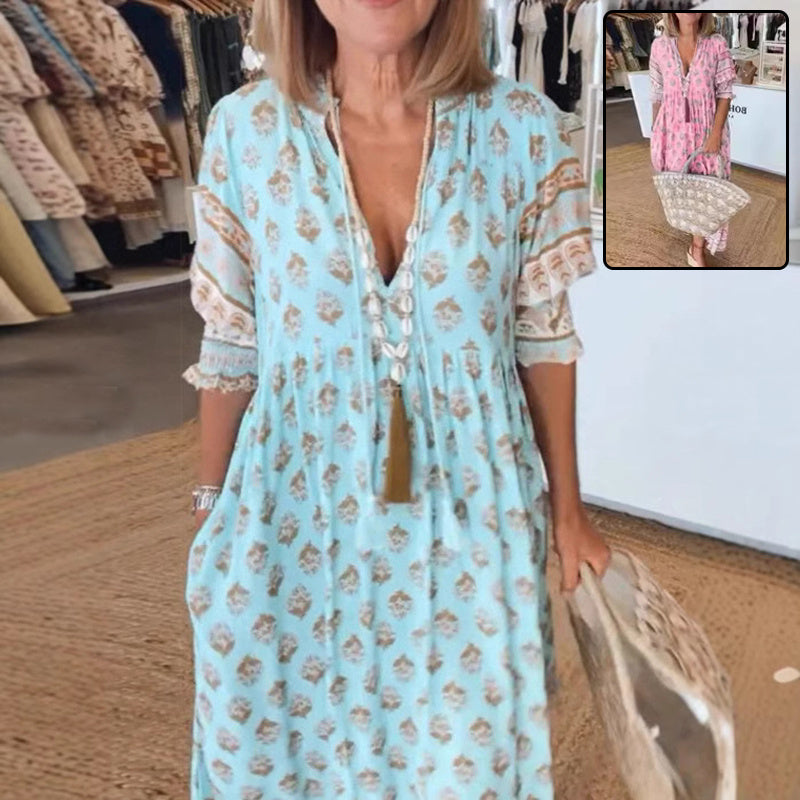 Summer Bohemian Print Lantern-Sleeved Dress Fashion Loose V-Neck Ruffle Long Dress Beach Clothing For Women